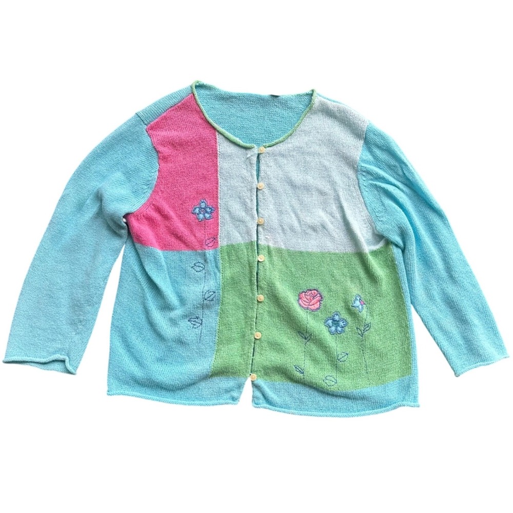 Crazy Horse color block whimsy teachercore Floral Embroidered Cardigan Large vtg